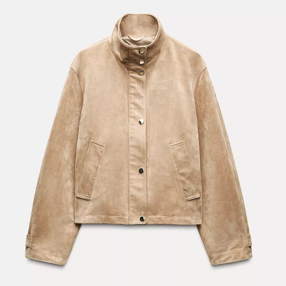 Zara High Collar Suede Jacket in Taupe Brown
